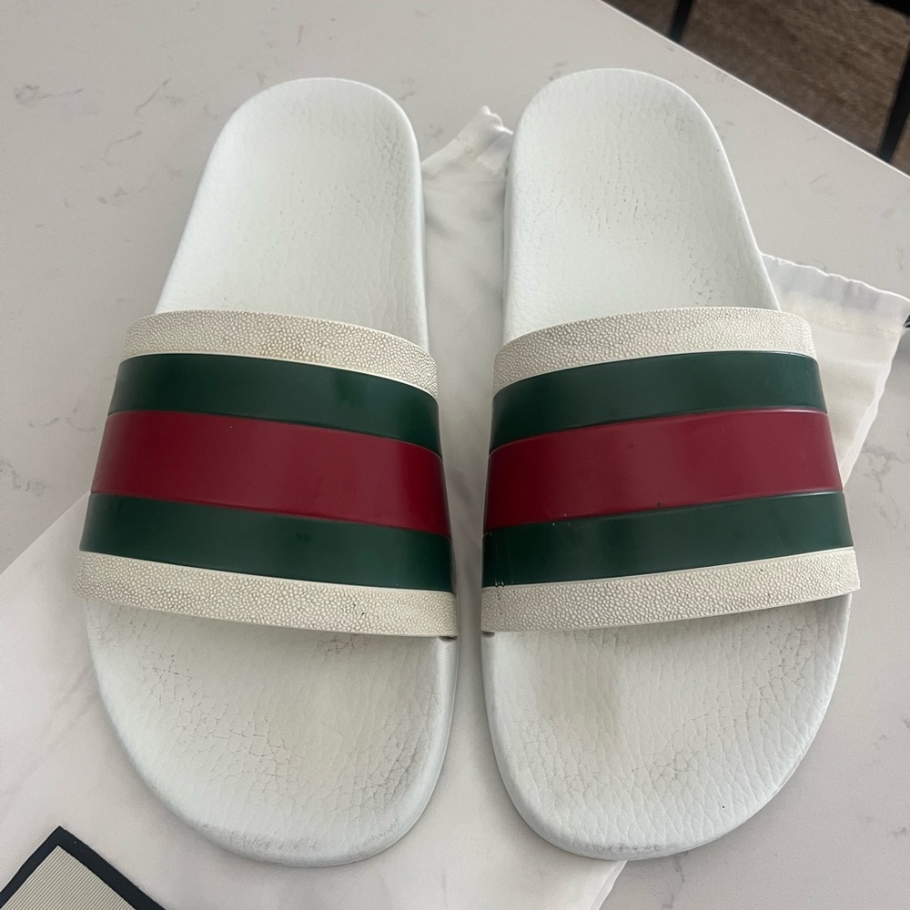 Gucci White Slides with Red and Green Stripes